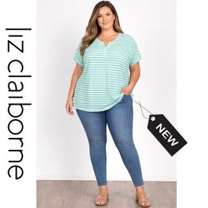 NWT liz Claiborne essentials striped 3x cockatoo short sleeve quarter bu…